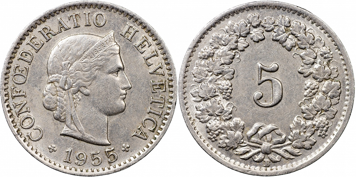 Швейцария. Монета 5 раппенов. 1955.B (S.1212 / KM#26. aUnc/Unc)