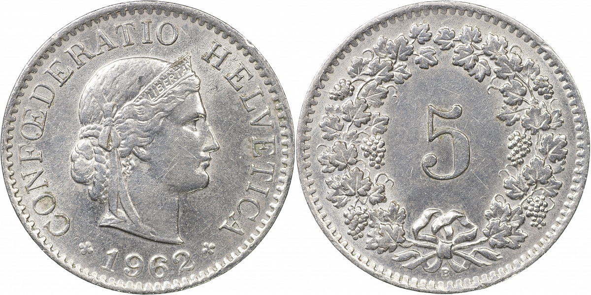 Швейцария. Монета 5 раппенов. 1962.B (S.1212 / KM#26. Unc)