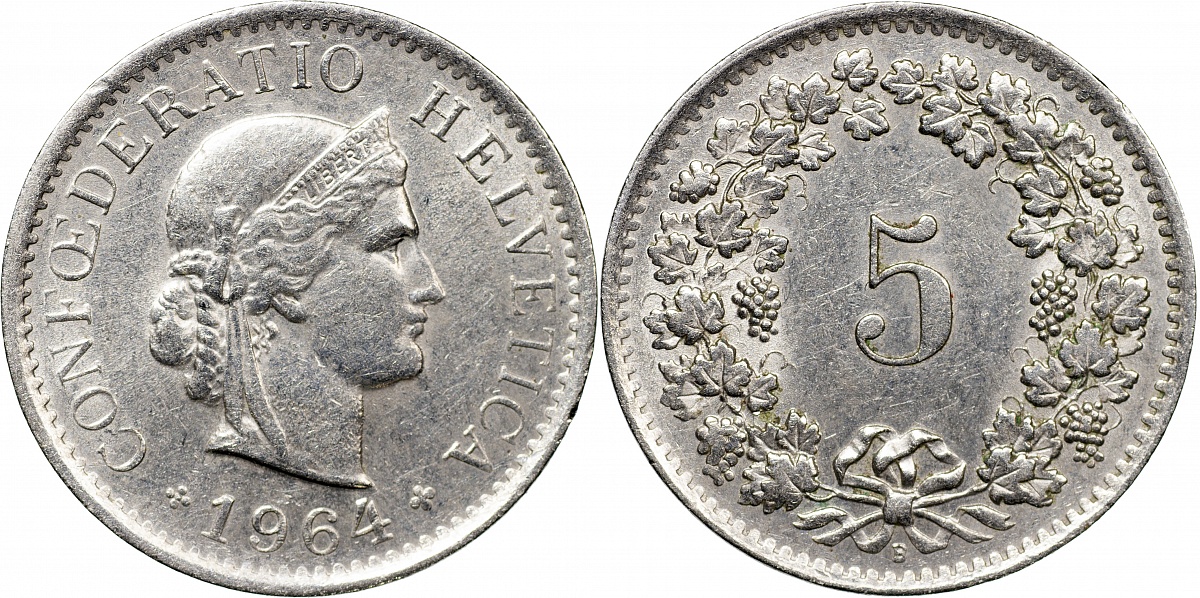 Швейцария. Монета 5 раппенов. 1964.B (S.1212 / KM#26. Unc)