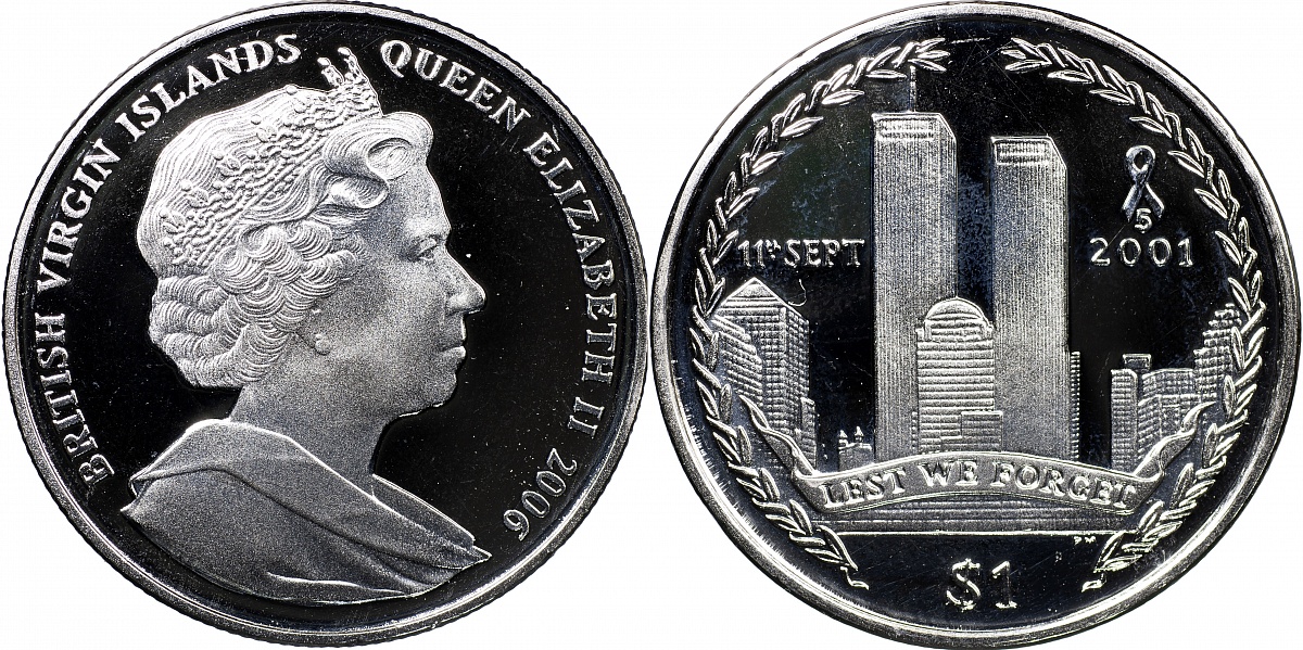 Британские Виргинские о-ва. Монета 1 доллар. 2006 (KM#349. Prooflike. Капсула) 5-я годовщина теракта