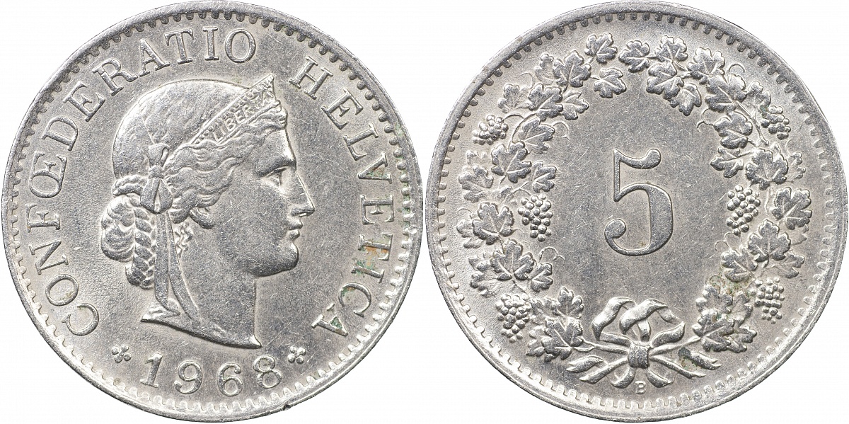 Швейцария. Монета 5 раппенов. 1968.B (S.1212 / KM#26. Unc)