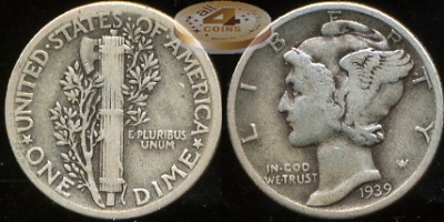 США. 10 центов (Дайм). 1939 (aVF. Серебро)