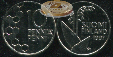 Финляндия. Монета 10 пенни. 1997.M (KM#65. Unc)