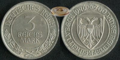 Германия [Веймарская респ.]. 3 марки. 1926.A (aXF/XF. Серебро)