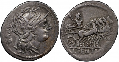 Римская республика. Луций Сентий. . VF/XF серебро. 97 до н.э.