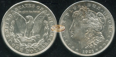 США. 1 доллар. 1921.D (aUnc. Серебро)
