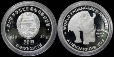 Корея Северная [КНДР]. 20 вон. 2018 (Proof. Серебро. Капсула) Белый носорог [Ceratotherium simum]