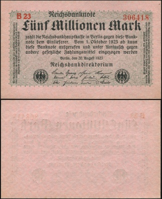 Германия [Веймарская респ.] Банкнота 5000000 марок 20.08.1923 Unc Бумага Кат# Rb.104b