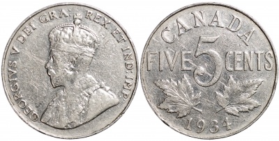 Канада. Монета 5 центов. 1934 (KM#29. XF)