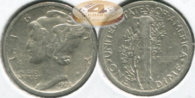 США. 10 центов [Дайм]. 1928 (VF. Серебро)