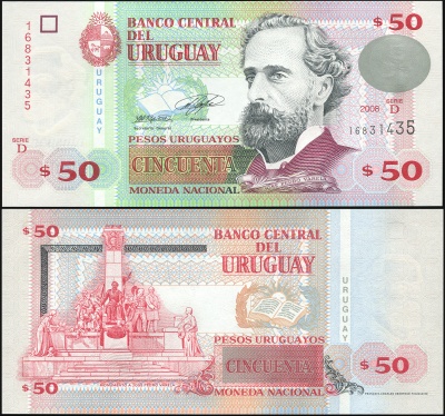 Уругвай Банкнота 50 песо 2008 Unc Бумага Кат# P.87a