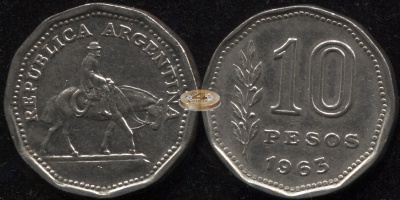 Аргентина. Монета 10 песо. 1963 (KM#60. aUnc)