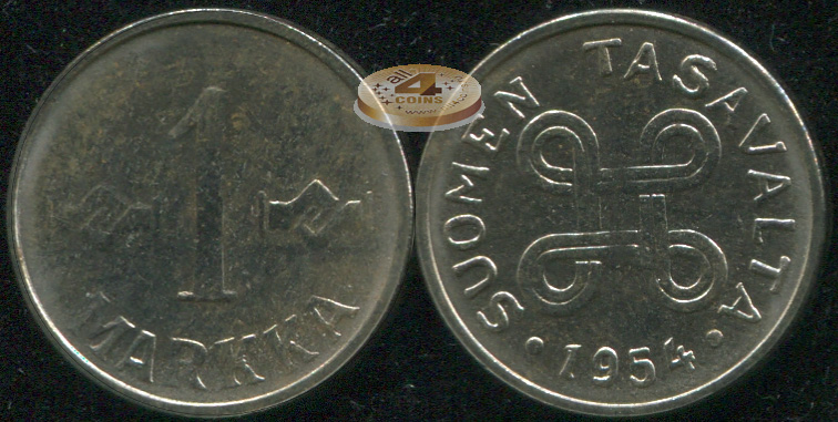 Финляндия. Монета 1 марка. 1954 (KM#36a. Unc)