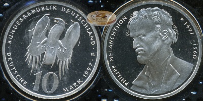 Германия (ФРГ). 10 марок. 1997 F (Proof. Серебро)