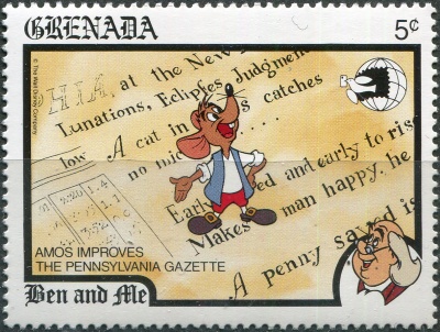 Гренада. 1989. "Бен и я". Амос на странице "Пенсильванской газеты" (Почтовая марка. MNH OG)