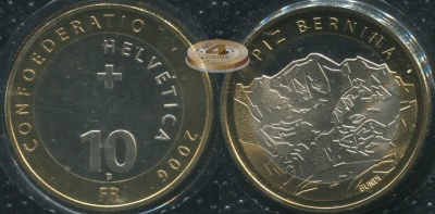 Швейцария. Монета 10 франков. 2006.B (KM#114. Unc. Биметалл) Гора Пиц Бернина