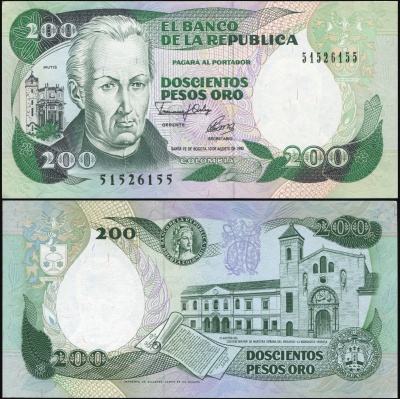 Колумбия. Банкнота 200 песо оро. 10.08.1992. Unc. Бумага. Кат# P.429A