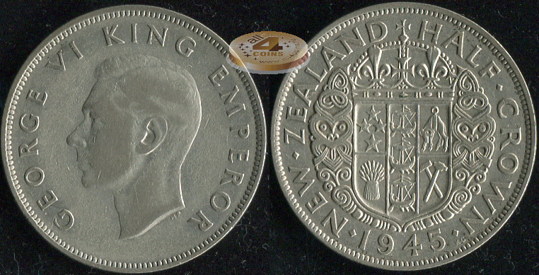 Новая Зеландия. 1/2 кроны. 1945 (VF-/VF+. Серебро)
