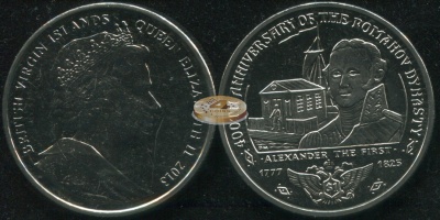 Британские Виргинские о-ва. Монета 1 доллар. 2013 (KM#456. Unc) Александр I. 1777-1825