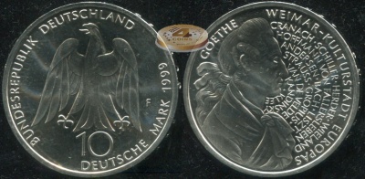 Германия [ФРГ]. 10 марок. 1999.F (Proof. Серебро)