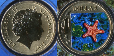 Австралия. 1 доллар. 2007. Морская звезда. (Unc. Цветная эмаль)