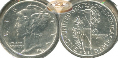 США. 10 центов (Дайм). 1943.D (Unc. Серебро)