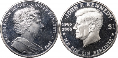 Британские Виргинские о-ва. Монета 1 доллар. 2003 (KM#225. Unc) 40 лет со дня убийства Джона Кеннеди