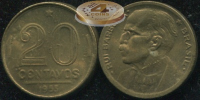 Бразилия. Монета 20 центаво. 1953 (KM#562. aUnc/Unc)