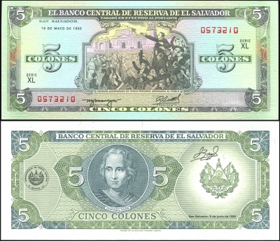 Сальвадор. Банкнота 5 колонов. 16.05.1990 (1990). Unc. Бумага. Кат# P.138a