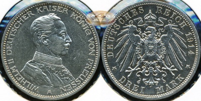 Германия (Пруссия). 3 марки. 1913 A (XF. Серебро)