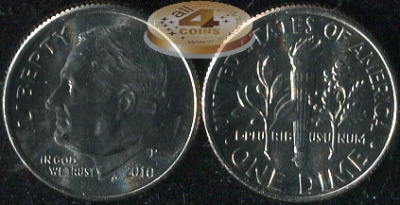США. Монета 10 центов [Дайм]. 2010.P (KM#195a. Unc) Roosevelt Dime
