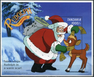 Танзания. 1998. Санта оборачивает Рудольфа в теплый шарф (Блок. MNH OG)