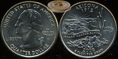 США. Монета 25 центов [Квотер]. 2008.D (KM#423. Unc) Аризона