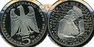 Германия (ФРГ). 5 марок. 1980D (Proof)