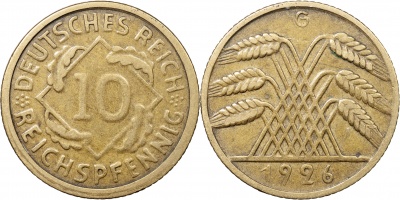 Германия [Веймарская республика]. Монета 10 рейхспфеннигов. 1926.G (J.317 / KM#40. VF/XF)