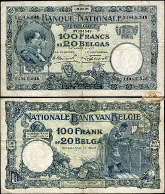 Бельгия. 100 франков/20 белгов (VF+) 1929
