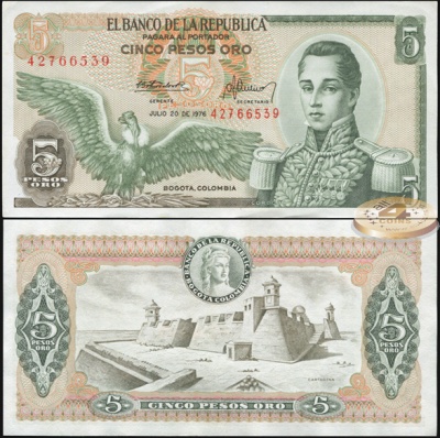 Колумбия. Банкнота 5 песо оро. 20.07.1976. Unc. Бумага. Кат.# P.406e
