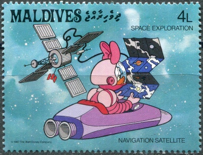 Мальдивы. 1988. Дейзи Дак и навигационный спутник (Почтовая марка. MNH OG)