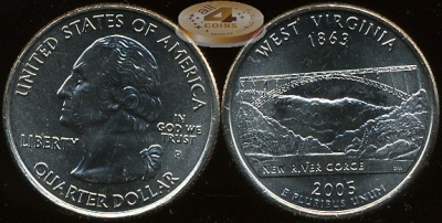 США. Монета 25 центов [Квотер]. 2005.P (KM#374. Unc) Западная Вирджиния