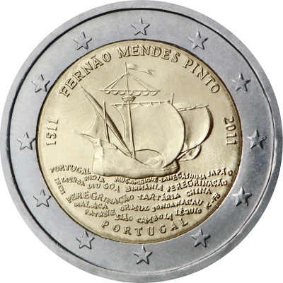 Португалия. 2 евро. 2011 (Unc. Биметалл) 500 лет со дня рождения Фернана Мендиша Пинту