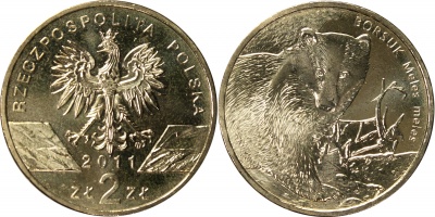Польша. Монета 2 злотых. 2011 (KM#Y.762. Unc) Европейский бaрсук