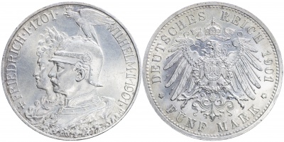 Германская имп.[Пруссия]. Монета 5 марок. 1901.A (KM#526. Unc. Серебро) 200 лет Королевству Пруссия