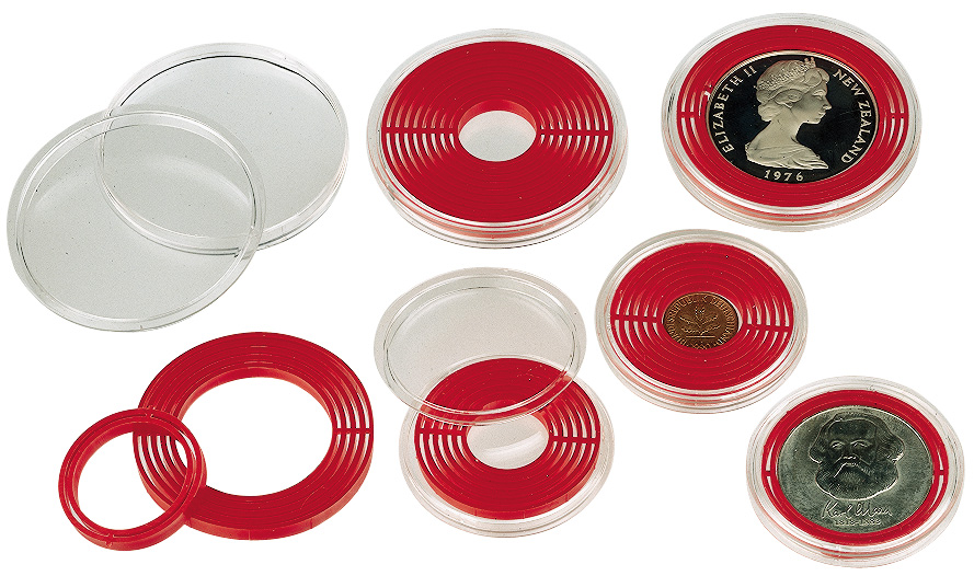 Большая капсула для монет с дистанционным красным вкладышем Lindner