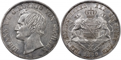 Германия [Саксония]. Монета 1 ферайнсталер. 1860.B (AKS.136 / KM#1214. aUnc/Unc. Серебро)
