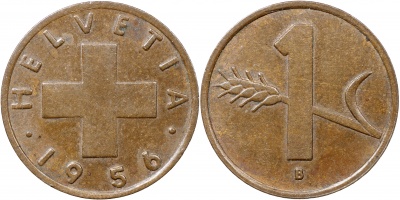 Швейцария. Монета 1 раппен. 1956.B (S.1216 / KM#46. aUnc)