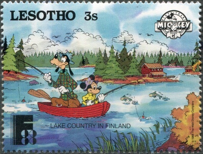 Лесото. 1988. Озерная страна в Финляндии - Гуфи, Микки (Почтовая марка. MNH OG)