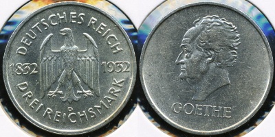 Германия (Веймар). 3 рейхсмарки. 1932(D) (XF. Серебро)
