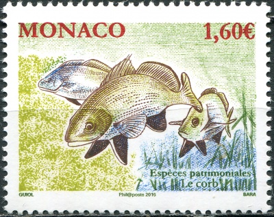 Монако. 2016. Чёрный горбыль (Sciaena umbra) (Почтовая марка. MNH OG)