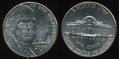 США. Монета 5 центов [Никель]. 2006.P (KM#381. Unc) Возвращение Монтичелло