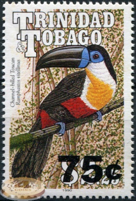 Тринидад и Тобаго. 2001. Тукан [Ramphastos vitellinus] надпечатка (Почтовая марка. MNH OG)